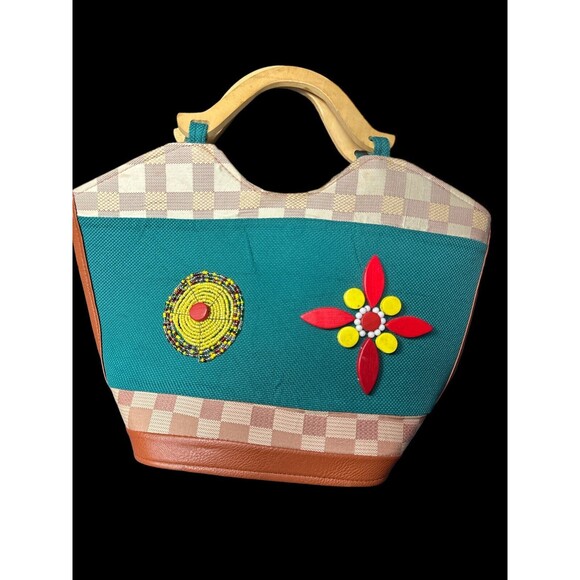 Teal Mixed Media Purse Wooden Handle Beaded Zipper Close Beach Pool Summer Boho - Picture 1 of 3